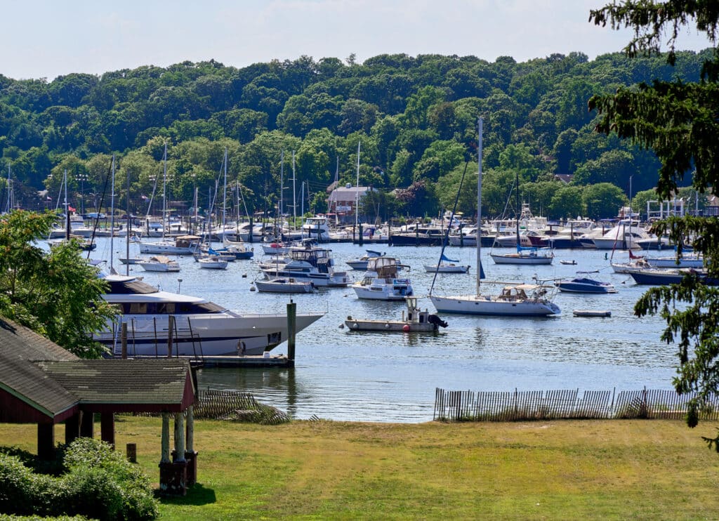 Boats in Huntington Harbor on a summer day