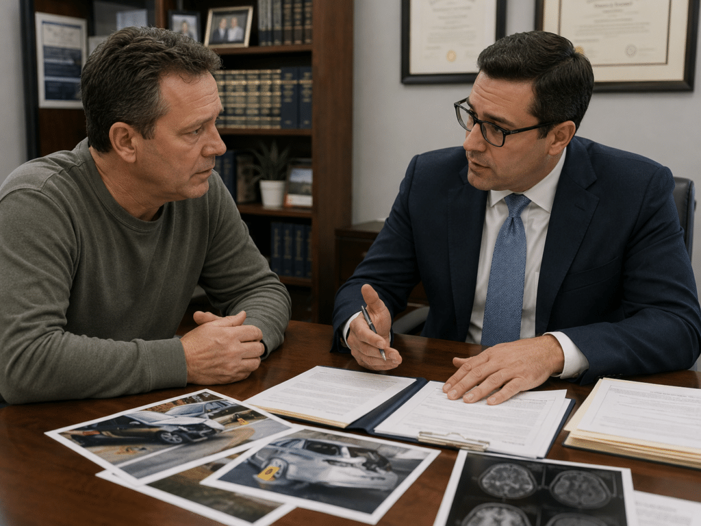 Attorney reviewing car accident evidence and medical records with a client.