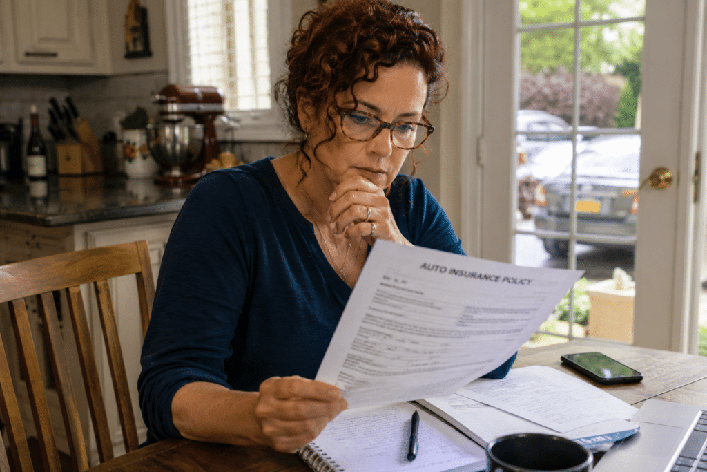 Woman reviewing her auto insurance policy at a kitchen table.