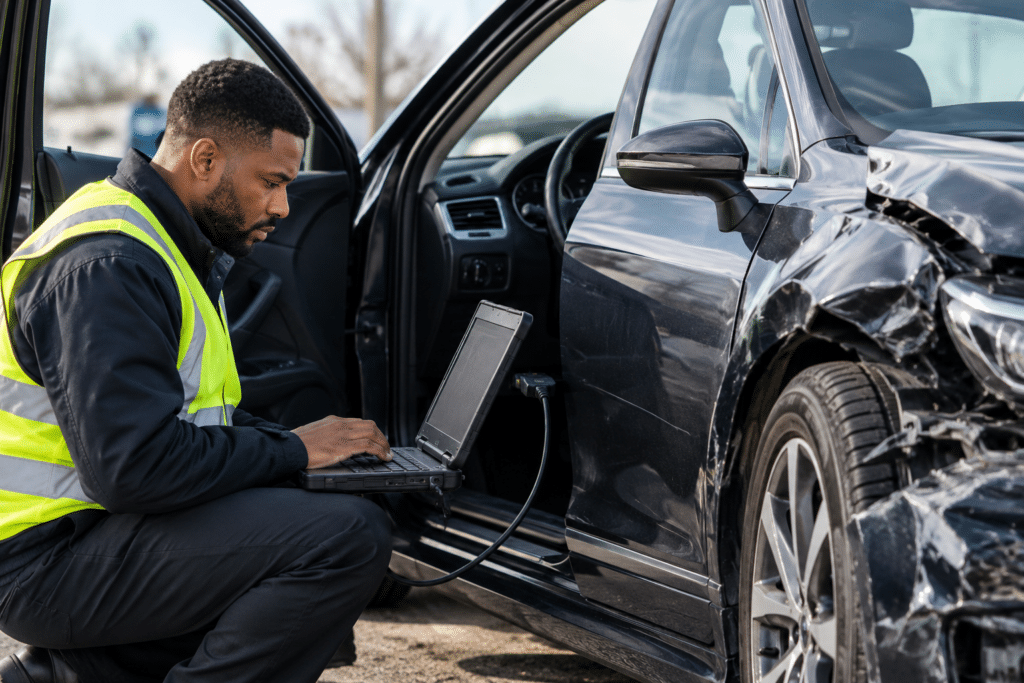 Accident reconstruction technician using a laptop to retrieve electronic data from a damaged vehicle.