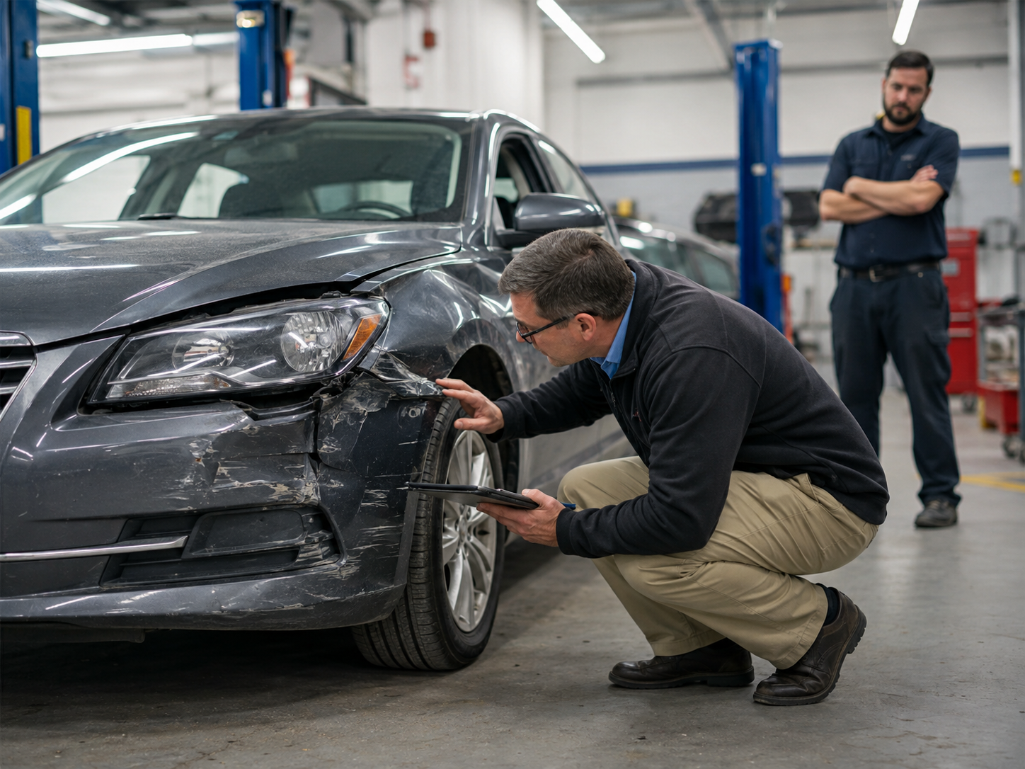 Insurance inspector examining front-end damage to a car at a Long Island auto repair shop.