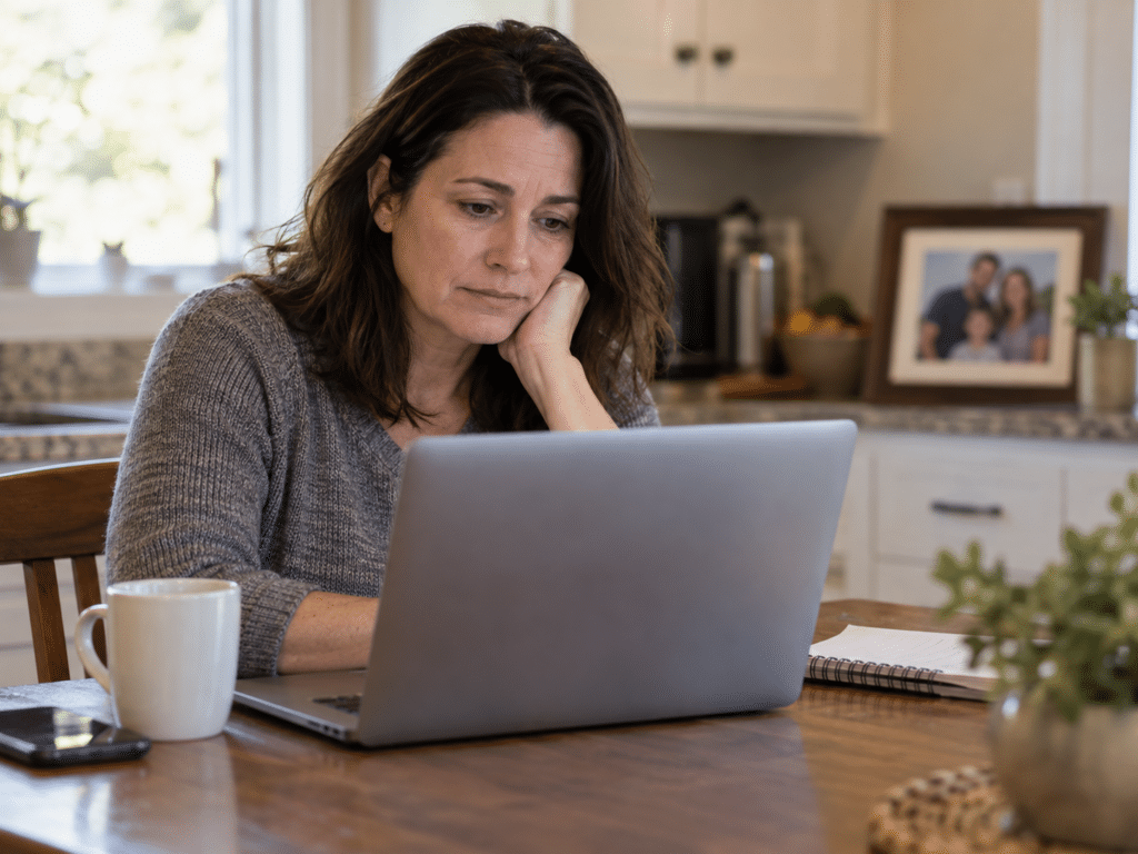 Woman reviewing information on a laptop at her kitchen table with a family photo in the background.