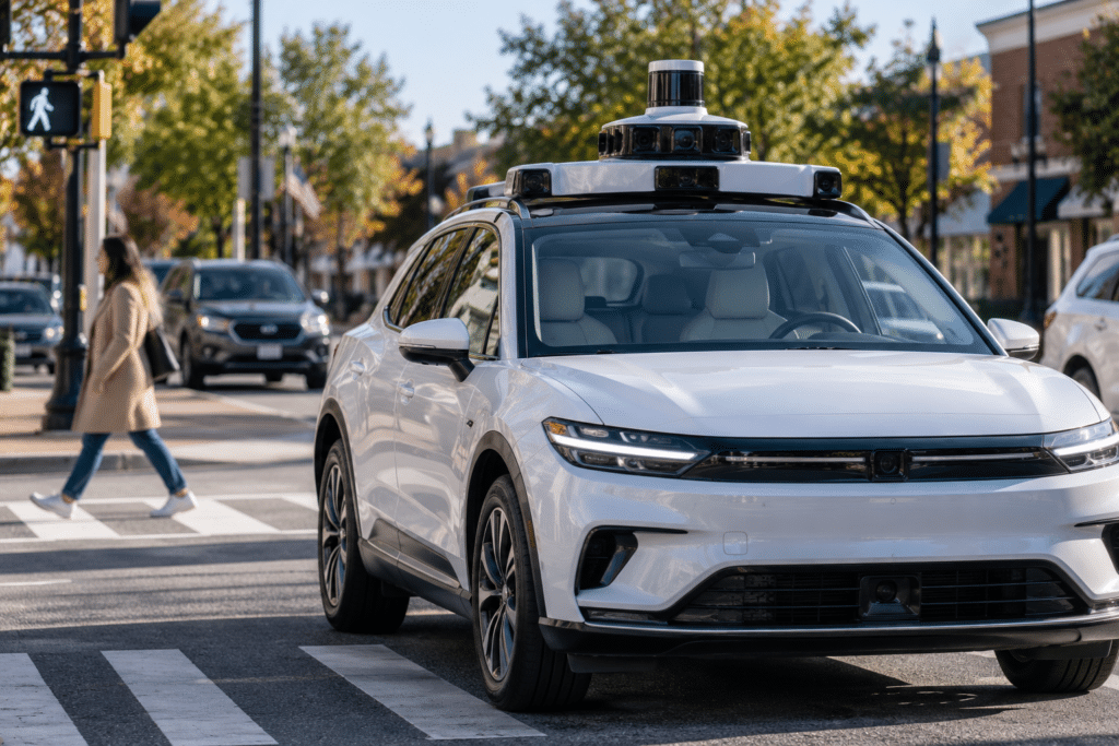 Driverless autonomous vehicle traveling through an intersection as a pedestrian crosses nearby.